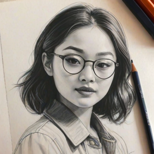 Gorgeous Lana Condor, pencil sketch, portrait of Fascinating woman 1922s in glasses, hair style beatnik, outline, clear lines, fine lines, 8k