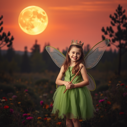A vivid photo  taken under a bright camera flash of a fantastical scene set against a backdrop of a forest during sunset. The main subject is a girl dressed as a fairy, adorned with translucent wings and a green dress, holding a wand, her face is happy, and she wears a crown on her head. The forest behind her is a blend of flowers, shrubs and trees. The sky is painted in hues of orange and pink, with a large, glowing moon casting a warm glow over the scene. The overall color palette is dominated by earthy tones.