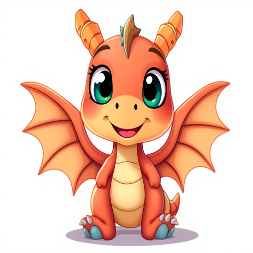Create a cute cartoon dragon character with big eyes and a friendly smile, wings spread out, in a playful pose, digital illustration, high-resolution, shot with a DSLR camera at f/2.8, ISO 100, 50mm lens, bright and vibrant colors, well-lit soft shadows.