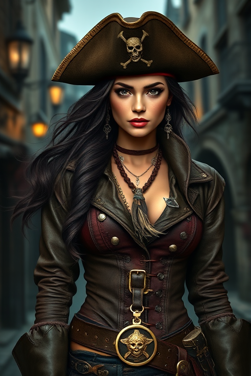 Create a portrait of a fierce female pirate. She wears a leather tricorn hat adorned with a skull and crossbones emblem, and her long, dark hair flows around her face. Her outfit consists of a richly detailed leather jacket, a corset, and multiple layers of belts and accessories, giving her a formidable and stylish appearance. She stands confidently in a dimly lit, historic port town, with a backdrop of weathered buildings and cobblestone streets, capturing the adventurous spirit of a pirate.