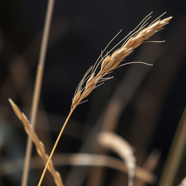 Capture a close-up of dried grass with sharp details, f/2.8 aperture, 1/200s shutter speed, ISO 100, natural light, shallow depth of field, using a DSLR camera with a macro lens, focus on the delicate strands against a blurred dark background.