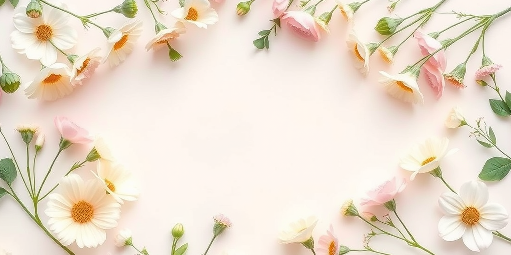 Create a flat lay image of a minimalist floral frame with soft pastel colors, using a DSLR camera at f/4 aperture, 50mm lens, natural light, and a top-down view to enhance the sharpness and details of the floral elements.