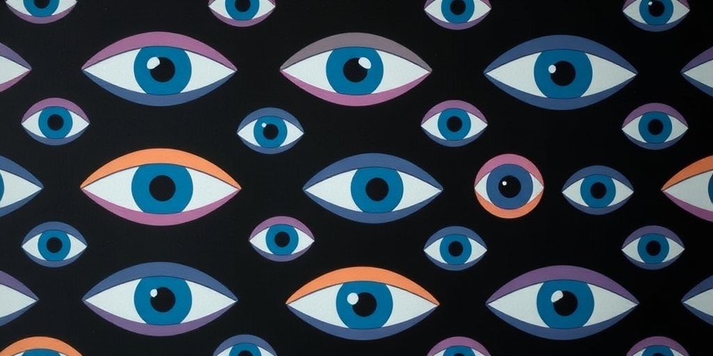 Create a pattern of stylized eyes in varying shades of blue and pastel colors on a dark background, using a DSLR camera with a 50mm lens, f/1.8 aperture, ISO 100, 1/200 sec shutter speed, top-down view, and soft lighting to enhance colors and details.