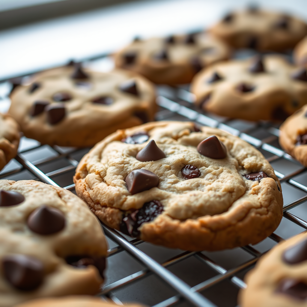 Close-up of freshly baked chocolate chip cookies on a cooling rack, shallow depth of field, 50mm lens, f/2.8 aperture, ISO 200, natural lighting, DSLR camera, vibrant colors, focus on texture.