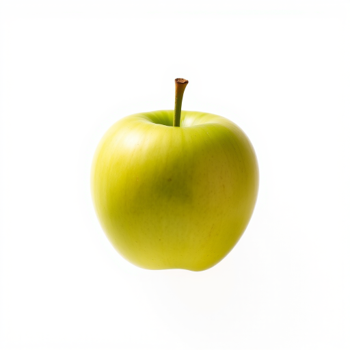 photorealistic image of a single green apple on white background, ISO 100, f/2.8, 1/60 sec, 50mm lens, soft diffused lighting, macro photography, DSLR camera