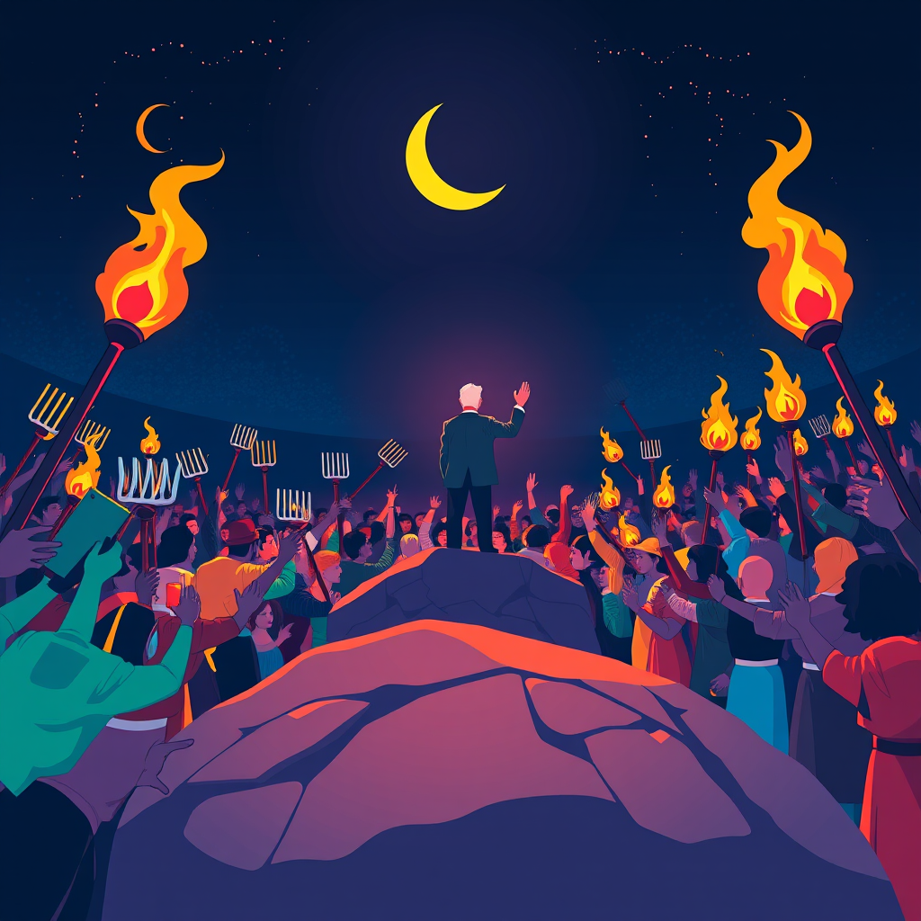 Create a digitally illustrated scene of a colorful, stylized crowd with pitchforks and torches facing a charismatic speaker standing on a large rock under a nighttime sky with a crescent moon, using a Canon EOS R5 with a 24mm lens, f/8 aperture, ISO 200, 1/100 sec shutter speed, and a wide-angle perspective for enhanced detail and depth.
