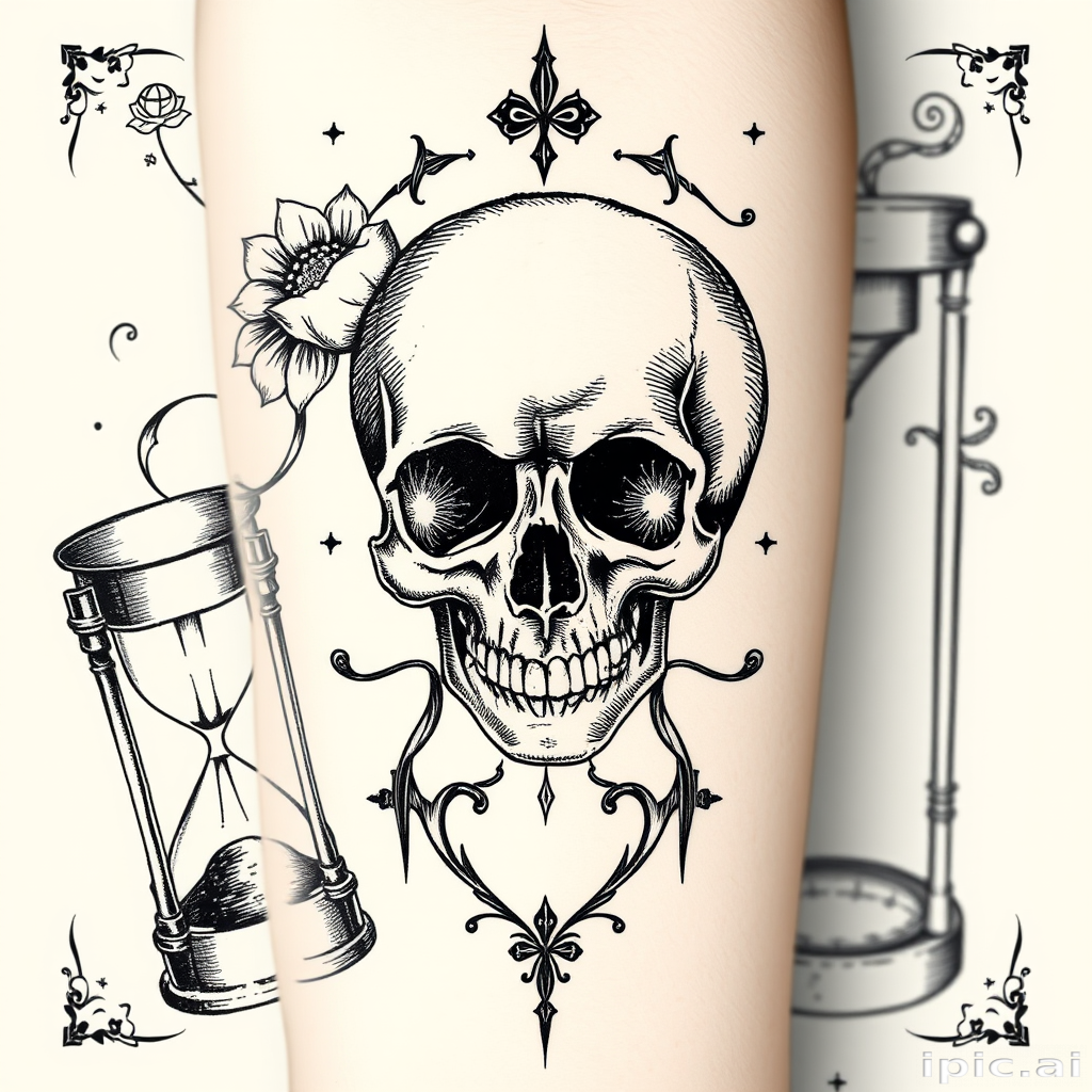 Etching style tattoo named "Memento Mori" showcasing intricate crosshatching and fine lines to create a vintage engraving effect depicting skulls hourglasses and other vanitas symbols
