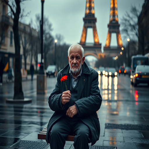 capture a somber elderly man sitting on a bench in a rainy Parisian street, holding a bright red flower, with the Eiffel Tower in the background, soft focus, moody lighting, f/1.8 aperture, 50mm lens, ISO 200, tripod mounted, long exposure to enhance the rain effect