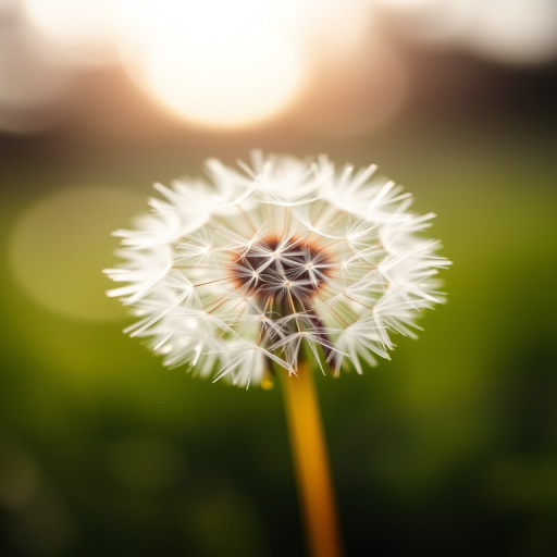 macro shot of a dandelion seed head with soft bokeh background, aperture f/2.8, shutter speed 1/125s, ISO 100, 85mm lens, natural light, shallow depth of field
