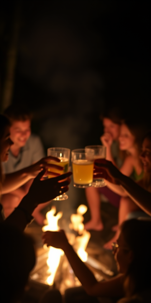 Blurry, candid photo of friends toasting with drinks around a dimly lit campfire, soft glow from the flames illuminating their faces, with distant laughter filling the night air.