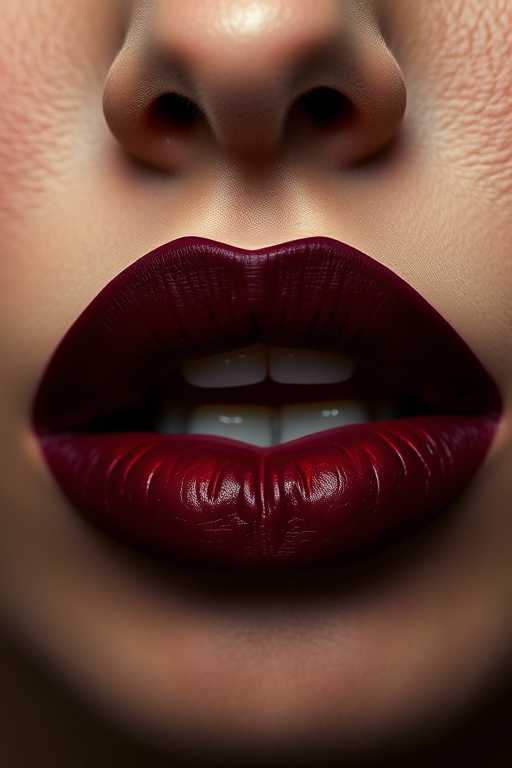Deep burgundy lips with matte finish, precise edges and defined corners, rich and intense pigmentation, sultry and mysterious Midnight Wine Velvet look