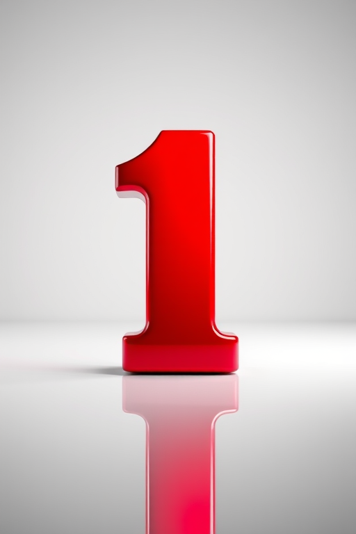 Create a high-resolution image of the number one in bold, glossy red, with a gradient effect and a reflective surface, captured with a DSLR camera at f/8, 1/125s, ISO 200, in a well-lit studio setting, using a shallow depth of field for a soft background blur.