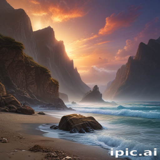 Majestic Sunset Over Serene Beach with Dramatic Mountains and Waves