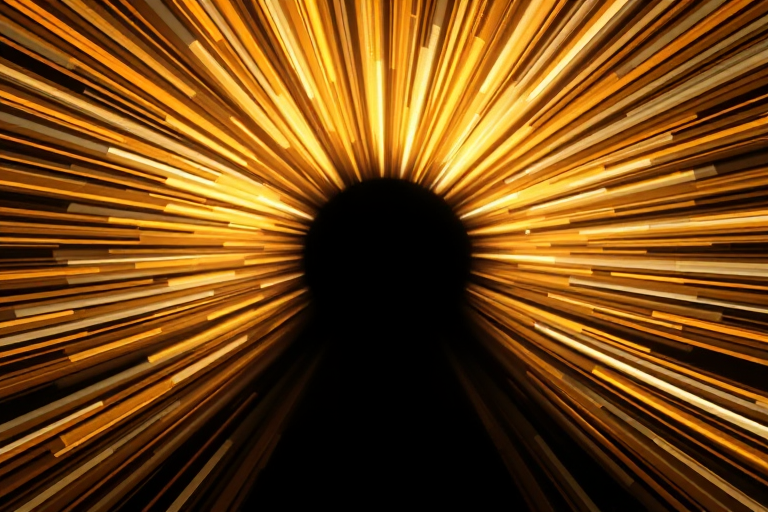 Create an explosion of golden and white light rays radiating outward from a central black void, using a DSLR camera with a wide-angle lens, f/11 aperture, ISO 100, 1/60s shutter speed, shot in long exposure mode to enhance brightness and clarity.