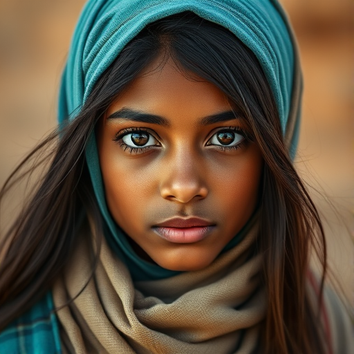 Create a portrait of a young Tuareg female with long, dark hair and captivating hazel eyes. She is wearing a cyan headscarf and a matching scarf draped gracefully around her neck. The background is softly blurred, focusing attention on her serene and natural expression. The overall color palette is muted and warm, enhancing the intimate and authentic feel of the portrait.