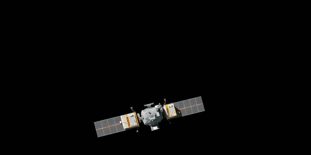 Capture a high-resolution image of a spacecraft in orbit against a black background, using a DSLR camera with a 50mm lens, aperture set at f/8, ISO 100, shutter speed of 1/200 sec, and a top-down aerial view to enhance details and clarity.