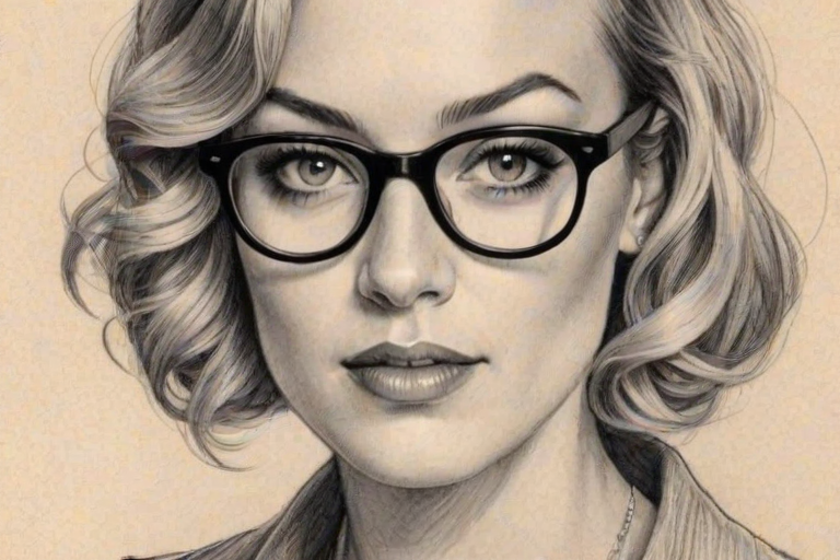 Alluring Yvonne Strahovski, pencil sketch, portrait of Sublime woman 1920s in glasses, hair style beatnik, outline, clear lines, fine lines, 8k