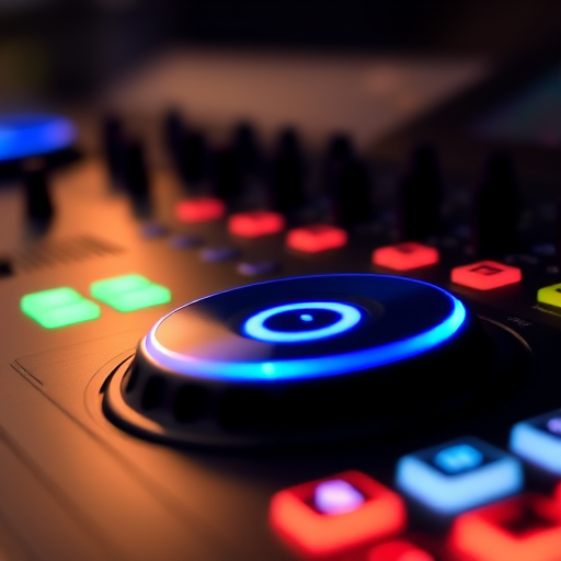 Close-up shot of a DJ mixer with vibrant blue LED lighting, aperture f/2.8, shutter speed 1/60s, ISO 100, 24mm lens, shallow depth of field, macro photography style, DSLR camera.