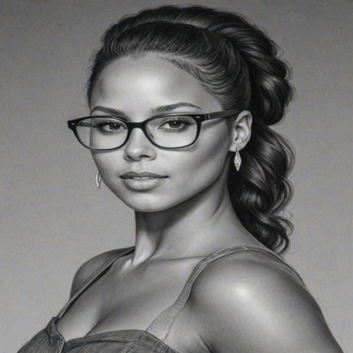 Lovely Alicia Keys, pencil sketch, portrait of Alluring woman 1964s in glasses, hair style beatnik, outline, clear lines, fine lines, 8k