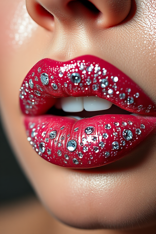 Dazzling diamond-dusted lips with a high-shine finish, sparkling and catching the light beautifully, captured in a glamorous and luxurious beauty close-up