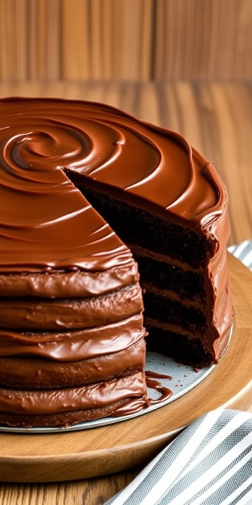 Create an image of a chocolate cake with multiple layers and rich chocolate frosting on top. The cake has a slice taken out showing the moist interior, and it is placed on a round platter. Include a textured wooden surface in the background and a striped napkin beside the cake. The overall atmosphere should be warm and inviting, highlighting the deliciousness of the cake.