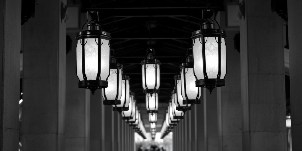 create a high-resolution black and white photograph of hanging lanterns aligned in a colonnade, using a Canon EOS R6, 50mm f/1.8 lens, aperture set to f/2.8, shutter speed 1/60s, ISO 200, capturing a symmetrical perspective from a low angle to enhance depth and focus on the lantern details.