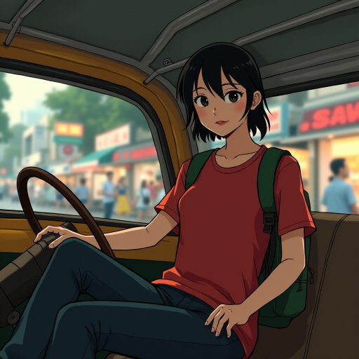 Cartoon Movie​ scene, a 18yr kindness grin Japanese woman,oval face , mullet medium long messy black side hair, wear a red shirt ,black jeans ,navy slip-on​,with green backpack, relax​ sitting on a seat in a thai tuk-tuk, tuk-tuk a silver metal roof that reflects light, There are blurred street lights and shops Chinatown Bangkok in the background.