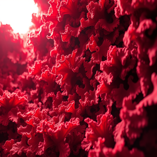 Generate a high-resolution abstract image featuring intricate red organic forms and textures illuminated by a bright light source from the upper left, using a Canon EOS 5D Mark IV with a 24-70mm f/2.8 lens, aperture set to f/8, ISO 100, at a focal length of 35mm, with a wide-angle view to capture more depth and detail.