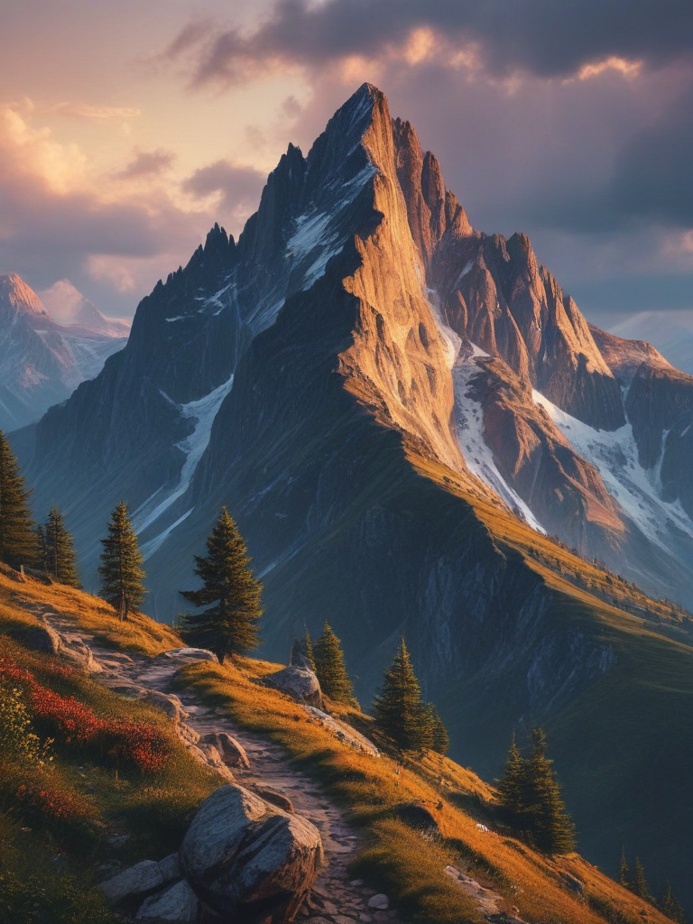Majestic Mountain Landscape at Sunset with Lush Greenery and Trails.