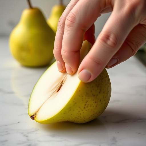 Close-up of a hand slicing a green pear on a marble countertop with two other pears in the background, natural light, macro lens, f/2.8 aperture, 50mm focal length, shallow depth of field.