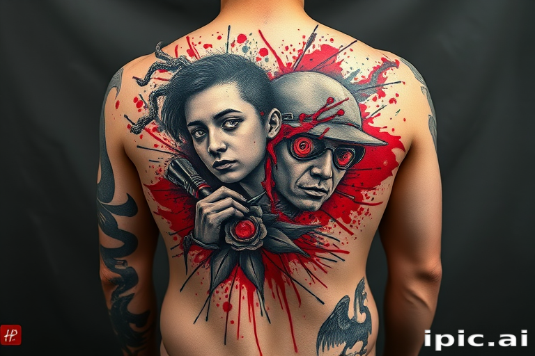 Striking trash polka tattoo combining bold red splashes with photorealistic black and gray elements, juxtaposing chaotic abstract forms with precise portraits, spanning the entire back