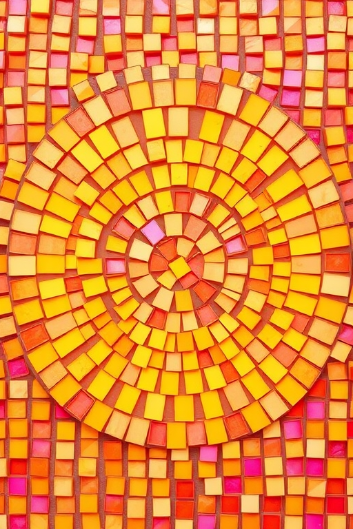 Generate an abstract mosaic pattern with vibrant colors of yellow, orange, and pink, using a high-resolution digital camera with a 50mm lens at f/8, ISO 100, 1/125 sec shutter speed, top-down view for enhanced detail and clarity.