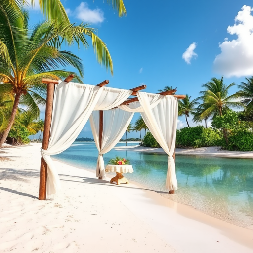 Create a picturesque tropical beach scene featuring a serene, white sandy shore. In the foreground, there's a rustic wooden canopy with white drapes gently flowing in the breeze. Underneath the canopy, a table is set with tropical decor, evoking a sense of relaxation and leisure. The beach extends into a calm, shallow water area with reflections of the sky and surroundings. Palm trees and lush greenery line the edge of the beach, providing a natural, tropical backdrop. The sky is clear with a few scattered clouds, and the overall atmosphere is tranquil and inviting, perfect for a peaceful retreat.