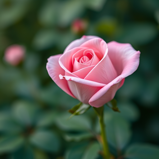 regenerate a close-up image of a pink rose with soft-focus green foliage background, using a DSLR camera with a 50mm lens, aperture set to f/2.8, ISO 100, natural lighting, and a shallow depth of field for enhanced image quality