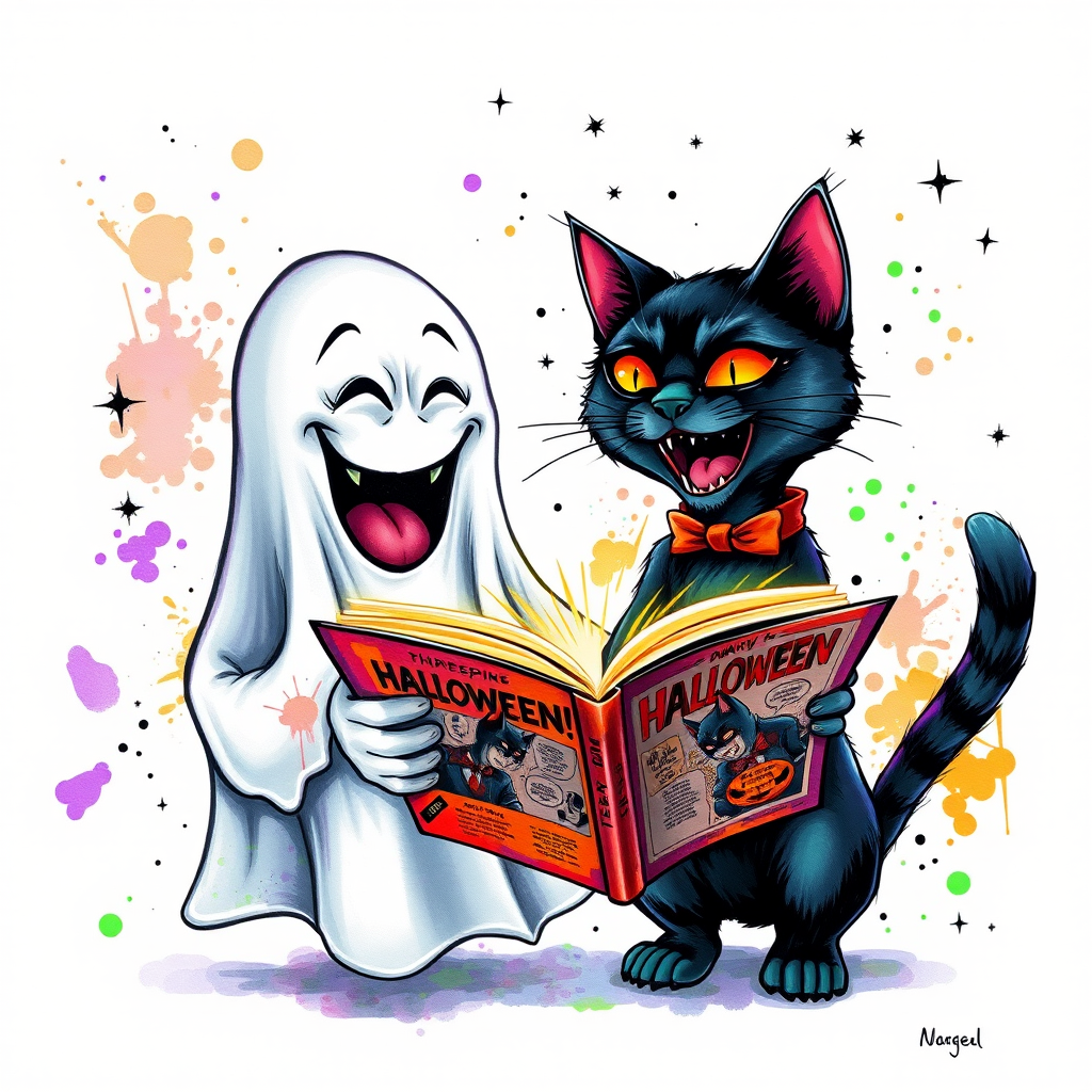 Image of a ghost and a black cat laughing exaggeratedly , and reading a comic halloween comic book, alcohol ink airbrush style, funny halloween theme, white background with neon purple, neon orange, neon green splash, black sparkles stars , dazzling BG