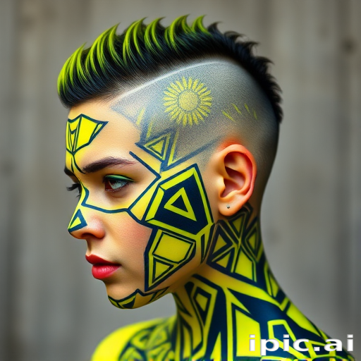 Edgy neon yellow buzz cut with intricate geometric patterns, showcasing bold individuality and avant-garde style