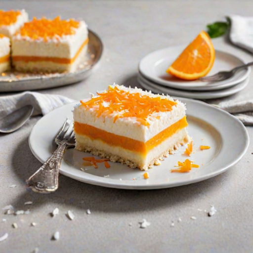 Create an image of a rectangular dessert with a glossy orange topping, garnished with shredded coconut. The dessert has a creamy, pale yellow interior and is sliced to show its layers. Place the dessert on a white plate with a silver knife beside it. The background should be simple and neutral to highlight the dessert.