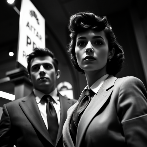 Black-and-white photograph, couple, tailored suits, retro hairstyles, film noir style, Tilt the camera for a dynamic Dutch angle using a versatile 24-70mm lens