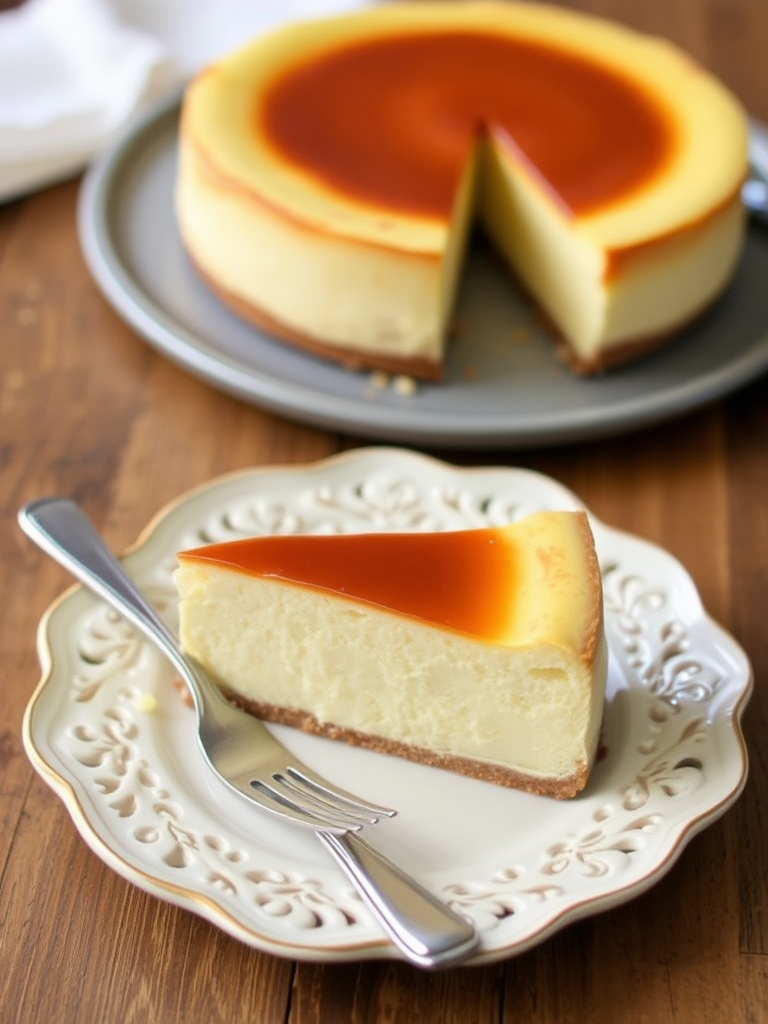 A slice of creamy cheesecake on a decorative white plate with a fork beside it and a whole cheesecake in the background on a gray plate.