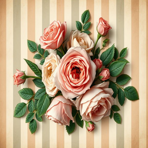 Create a vintage floral wallpaper design featuring lush roses and greenery on a faded striped background, use a Canon EOS 5D Mark IV, aperture f/2.8, ISO 100, 50mm lens, soft focus style for a gentle aesthetic.