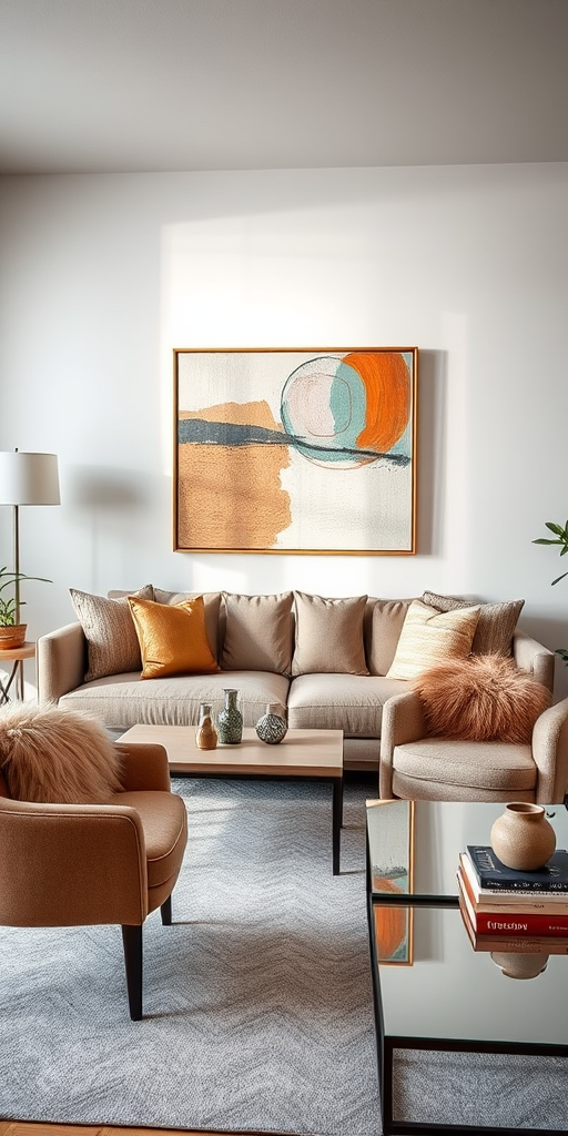 interior living room design featuring a modern couch, abstract wall art, decorative chairs with fur, and a stylish coffee table, captured with a Canon EOS R5, 35mm lens, aperture f/4, ISO 100, soft natural lighting, high dynamic range effect