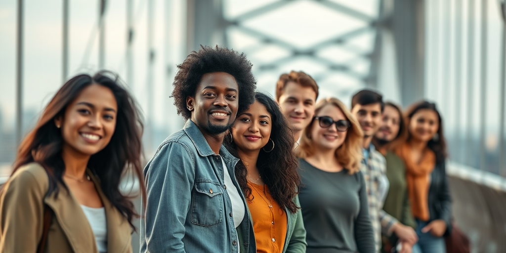 regenerate an image of a diverse group of people standing together on a bridge during the day with a shallow depth of field, 50mm lens, f/2.8 aperture, ISO 100, natural lighting, focus on facial expressions, taken with a DSLR camera in portrait orientation