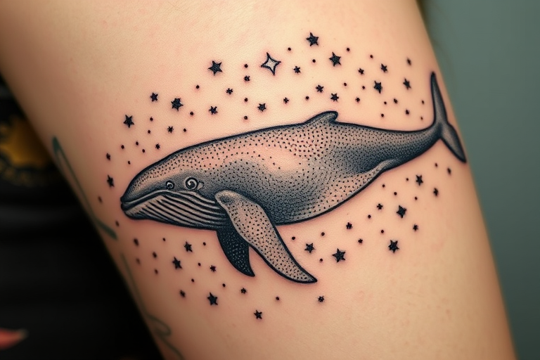 Dotwork tattoo called "Cosmic Whale" portraying a majestic whale swimming through a star-filled galaxy, using thousands of tiny dots to create shading, texture, and celestial elements
