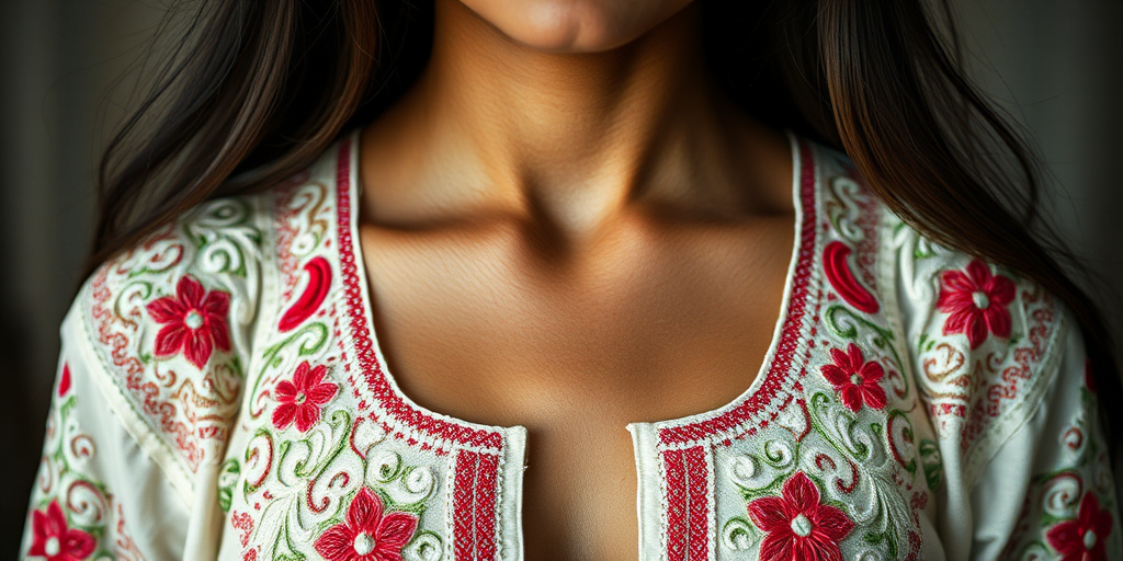 Face, shoulders, chest covered in openwork Pakistani embroidery. Raw, unedited image.