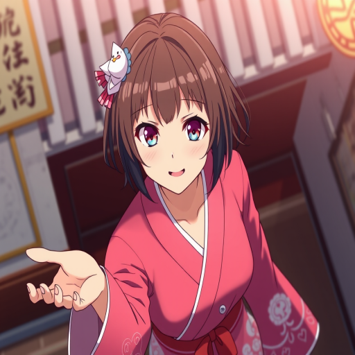 Generate an image of an anime-style woman in traditional Japanese clothing, with a confident expression and an outstretched hand, use a Canon EOS 5D Mark IV camera, aperture f/2.8, ISO 100, 50mm lens, shot at a high angle with soft, diffused lighting for a vibrant and clear quality.