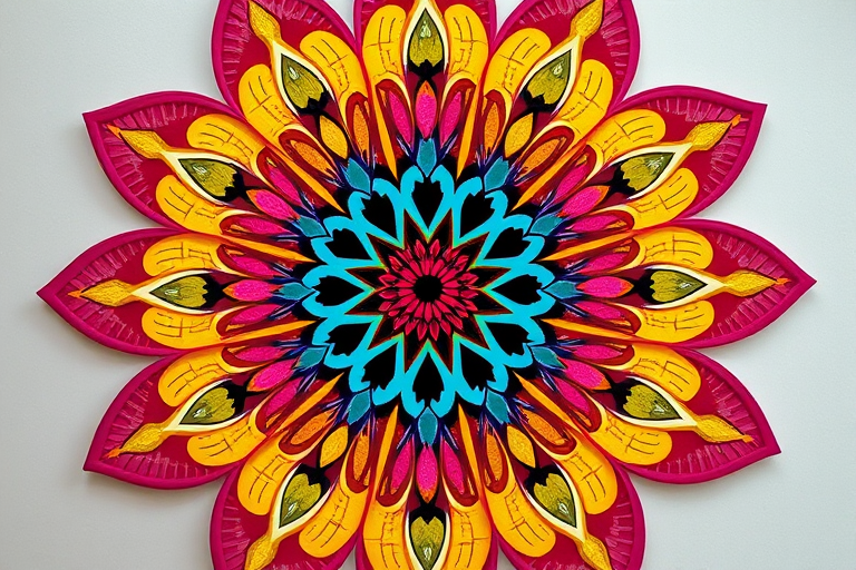 high-resolution image of a stylized geometric flower design, vibrant colors, circular shape, intricate patterns, soft lighting, focus on details, taken with a DSLR camera, f/2.8 aperture, ISO 100, 50mm lens, top-down view, natural light