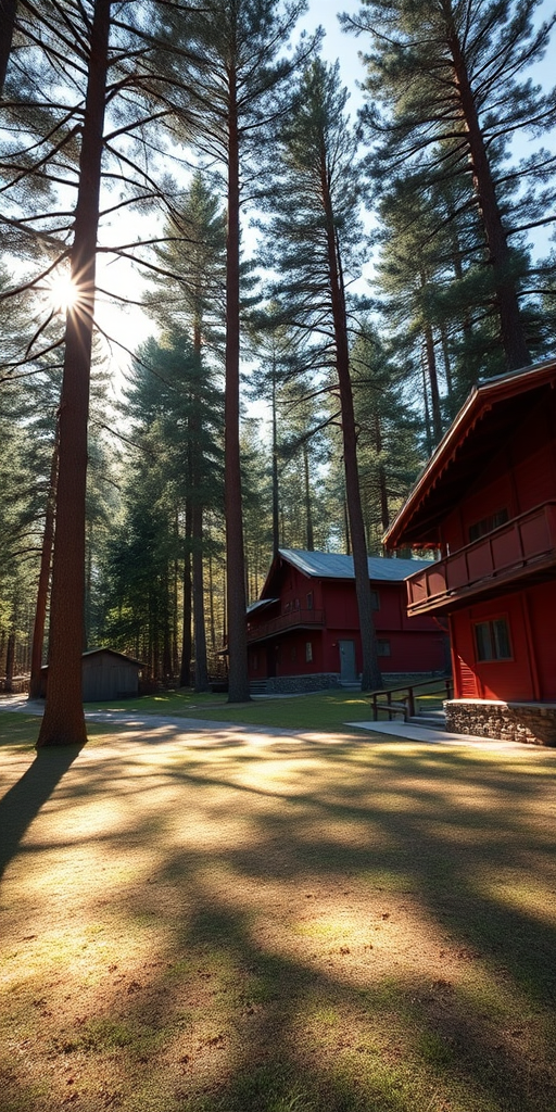 A serene landscape featuring traditional red buildings nestled among tall pine trees, dappled sunlight casting elongated shadows on the ground, depth of field focus on the foreground, sharp details in the architecture, wide angle lens, f/8 aperture, ISO 200, 1/125 sec shutter speed, taken with a DSLR camera in soft natural light.