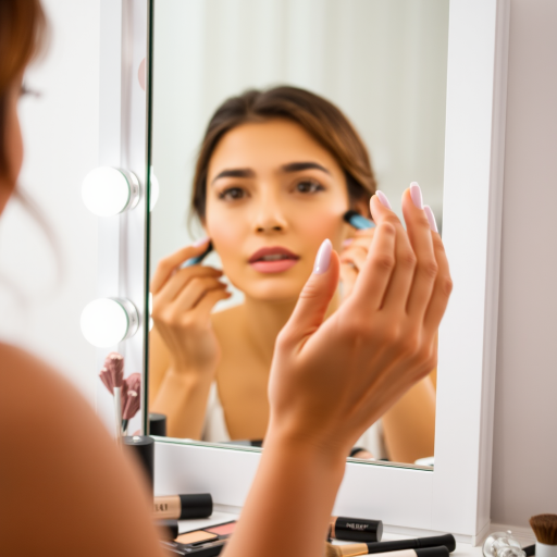 Close-up of a woman’s hand delicately applying makeup in front of a mirror, soft light illuminating her features, with makeup products scattered around her on the vanity.