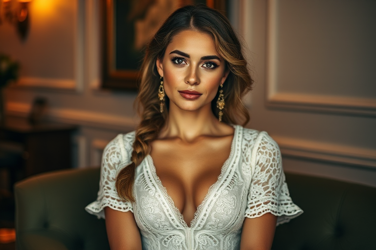 Create a portrait of a refined and elegant woman seated in a sophisticated setting. She has long, wavy hair styled in two thick braids that are pulled over her shoulders. She wears a white, lace gown with intricate patterns, featuring a deep V-neckline and short sleeves. The dress exudes a vintage charm with its delicate lacework. She is adorned with ornate, dangling earrings that add a touch of glamour to her appearance. The background is softly lit, with warm, ambient lighting that creates a cozy and inviting atmosphere. Her expression is poised and serene, capturing a sense of grace and elegance.