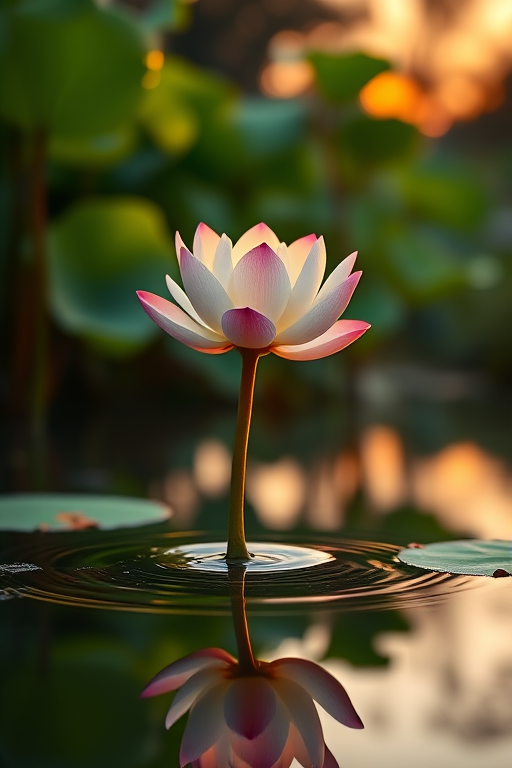 A serene lotus flower rising above a calm pond at sunrise, surrounded by lush green leaves and a reflection in the water, captured with a DSLR camera using a 50mm lens, f/1.8 aperture, ISO 100, and a golden hour perspective.